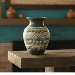 S Dennison Navajo Dine Etched Sgraffito Pottery Vase Grey Green Yellow 7.25"‎